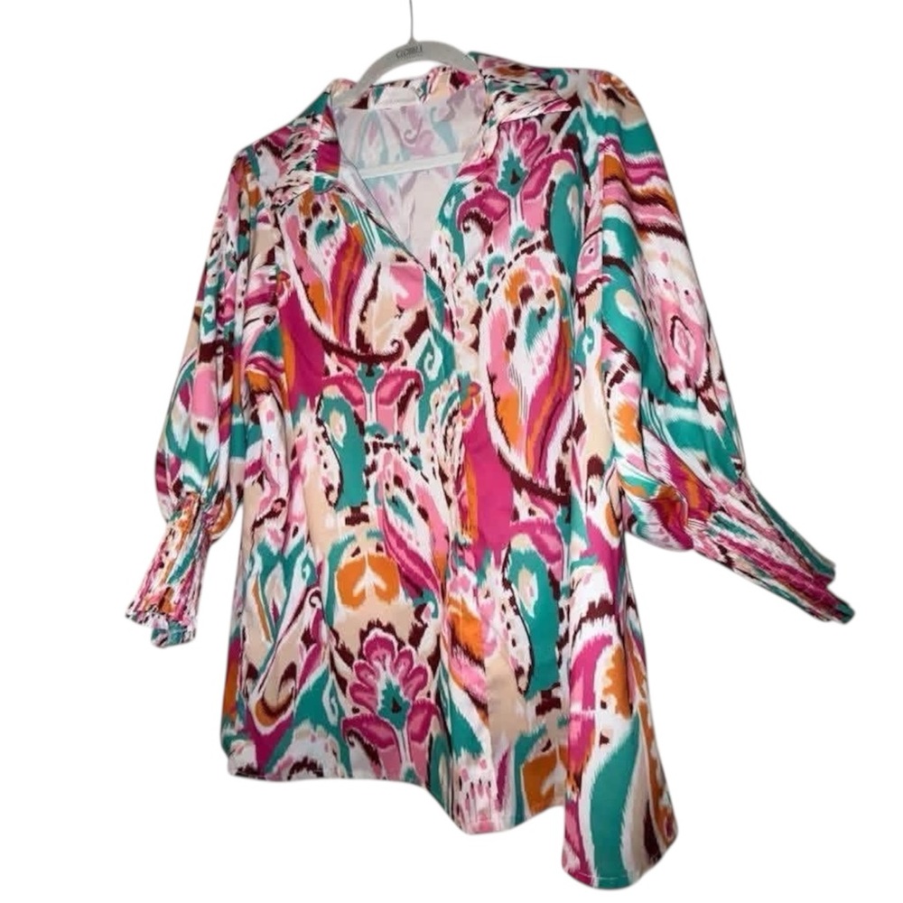 First Love Multicolor Paisley V-Neck Blouse - Pink Teal Orange (EUC- worn once)!